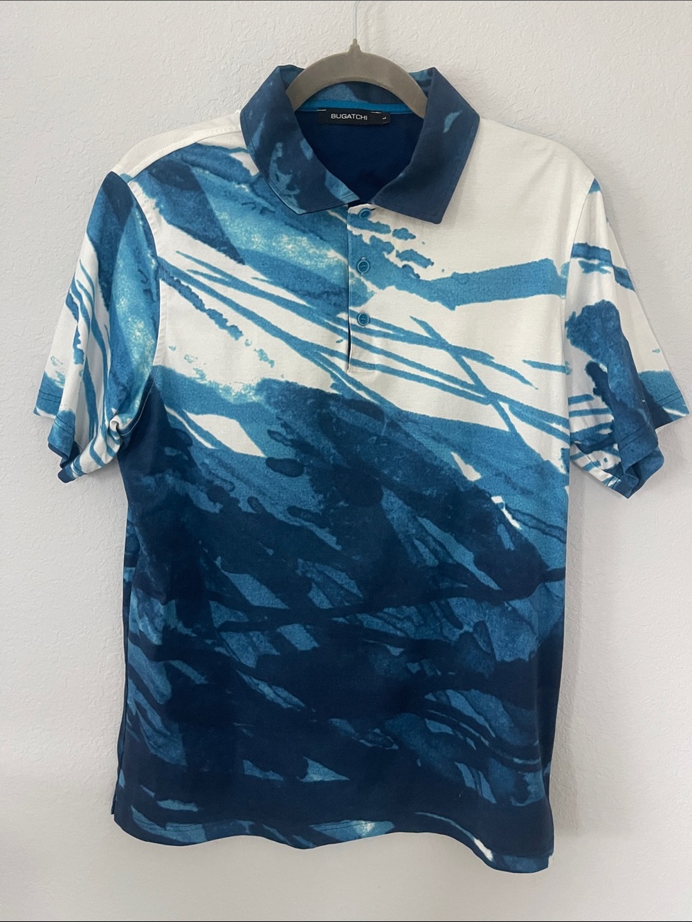 BUGATCHI Men’s L Mercerized Cotton Polo Blue Abstract Print Luxury Golf‎ Shirt